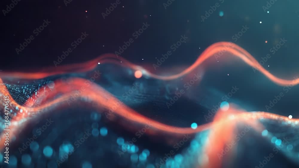 Poster abstract wave pattern flowing in cyberspace with glowing particles