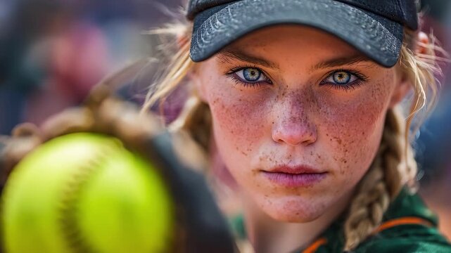 Focused Young Female Softball Player Poses Intently with Green Softball During Game