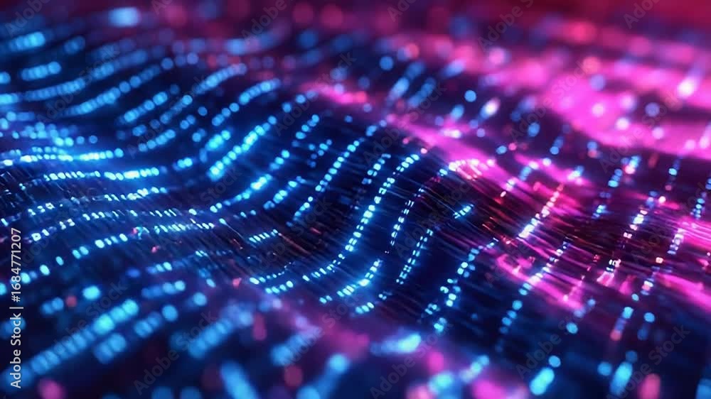 Poster wavy pattern of glowing lines creating futuristic data flow
