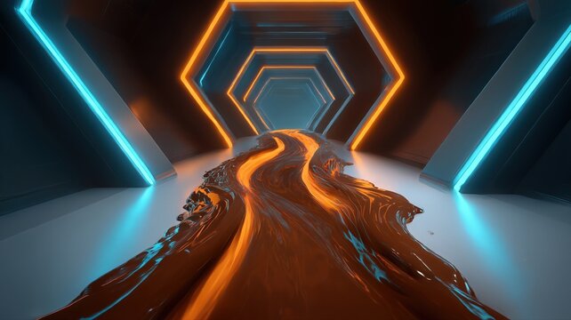 Tunnel with orange and blue lights and a brown liquid flowing chocolate river. - Powered by Adobe