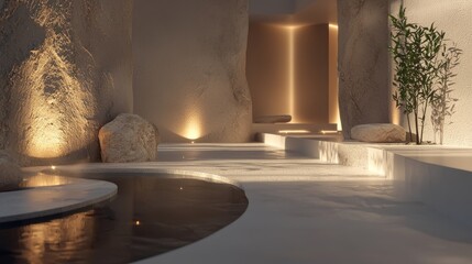 Serene spa interior with water feature, rocks, and warm lighting.