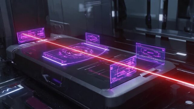 Futuristic tech platform with holographic displays and laser beams
