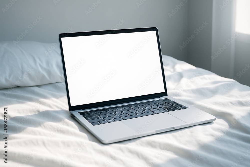 Aufkleber laptop with blank white screen placed on white bed in soft daylight creating a peaceful atmosphere w