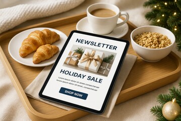 Digital tablet mockup with holiday sale newsletter on screen, placed on breakfast tray with coffee, croissants, and cereal bowl near Christmas decor. Ai generative