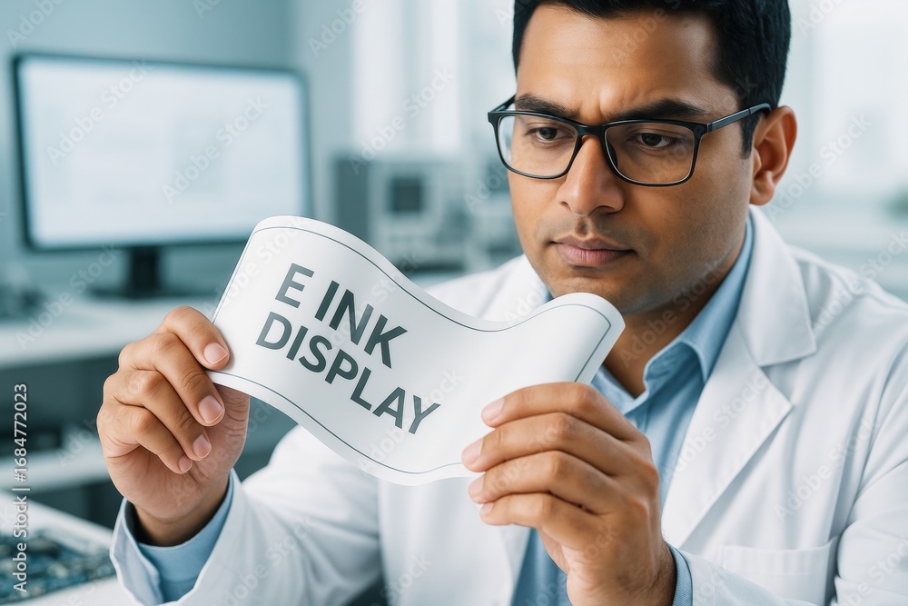 Aufkleber scientist examining flexible e ink display in modern lab setting with light background, representing