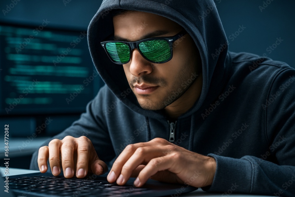 Aufkleber focused hacker in hoodie typing on laptop in dark room with code reflections in sunglasses, symboliz