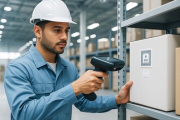 Warehouse worker using RFID scanner to check inventory on shelves in modern storage facility with bright industrial background. Ai generative. Ai generative