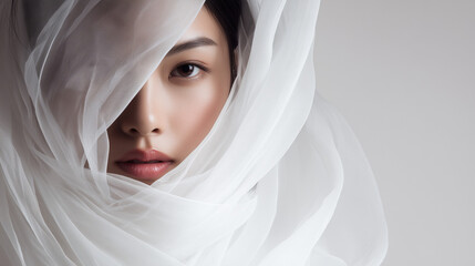 ベールのように白い布をまとって片目が隠れている女性