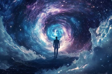 Fototapeta premium A human figure with an ethereal quality emits vibrant cosmic energy while undergoing spiritual transformation and awakening