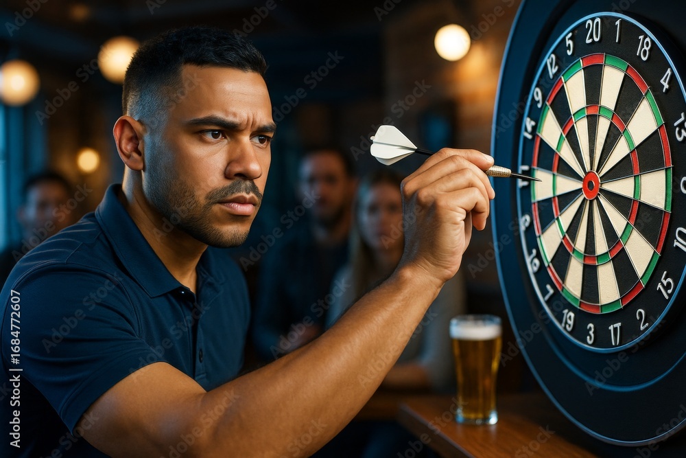 Poster focused man aiming dart at bullseye on dartboard in bar setting with warm background lights, showcas