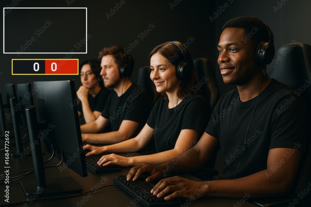 Poster Team of focused gamers competing in esports tournament, wearing headsets and using desktop computers in dark room with scoreboard overlay concept. Ai generative