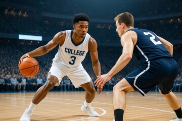Intense college basketball game moment with two athletes competing under bright stadium lights on wooden court during sports match in arena crowd. Ai generative