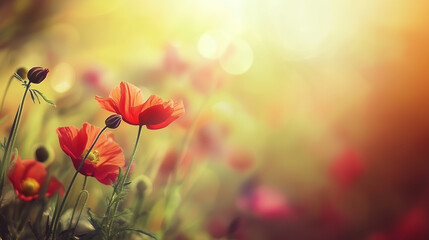meadow with red poppies blue sky in the background
