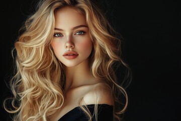 Fototapeta premium Model with blonde hair and lustrous waves showcasing professional beauty styling in a glamorous setting
