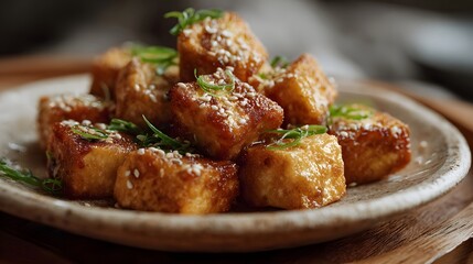 Fototapeta premium Golden fried tofu cubes glazed with a savory sauce topped with sesame seeds and fresh scallions presented on a rustic ceramic plate