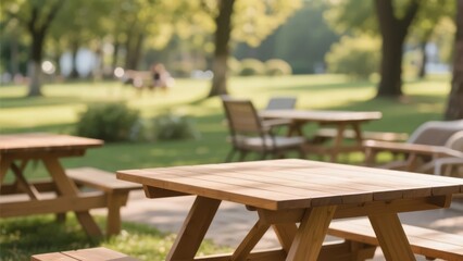 Fototapeta premium Wooden picnic tables in a sunny park setting with lush greenery and trees in the background.