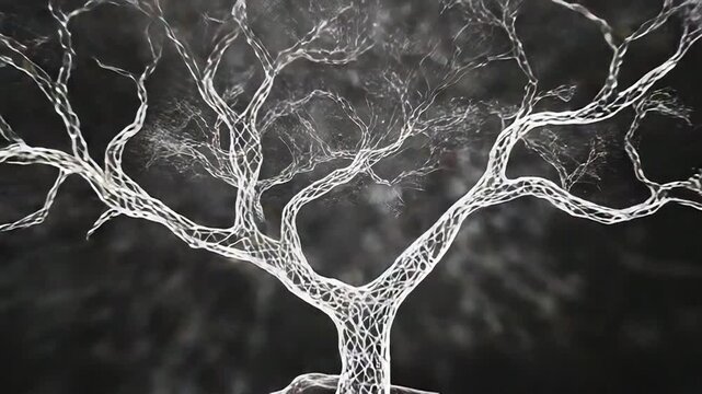 White glowing polygonal tree growing on black landscape