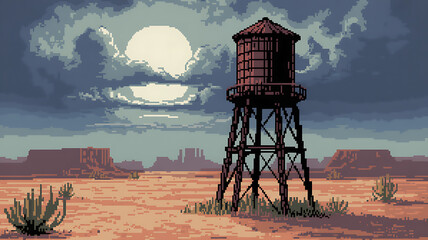 Pixel art water tower in a desert landscape under a full moon night
