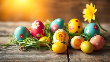 Vibrant Easter eggs arranged on a rustic wooden surface, capturing festive joy and natural warmth.