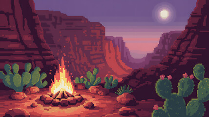 A pixel art campfire scene in a desert canyon under the moonlight