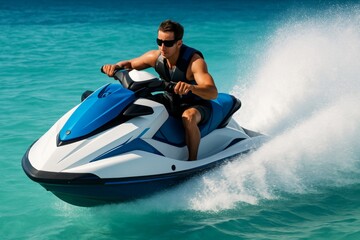 Man riding blue and white jet ski at high speed on turquoise ocean water, splash trail in motion, clear sunny background, transport concept. Ai generative