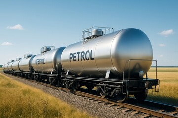 Naklejka premium Long freight train with shiny silver petrol tank cars traveling through countryside on clear day with blue sky and golden field background. Ai generative
