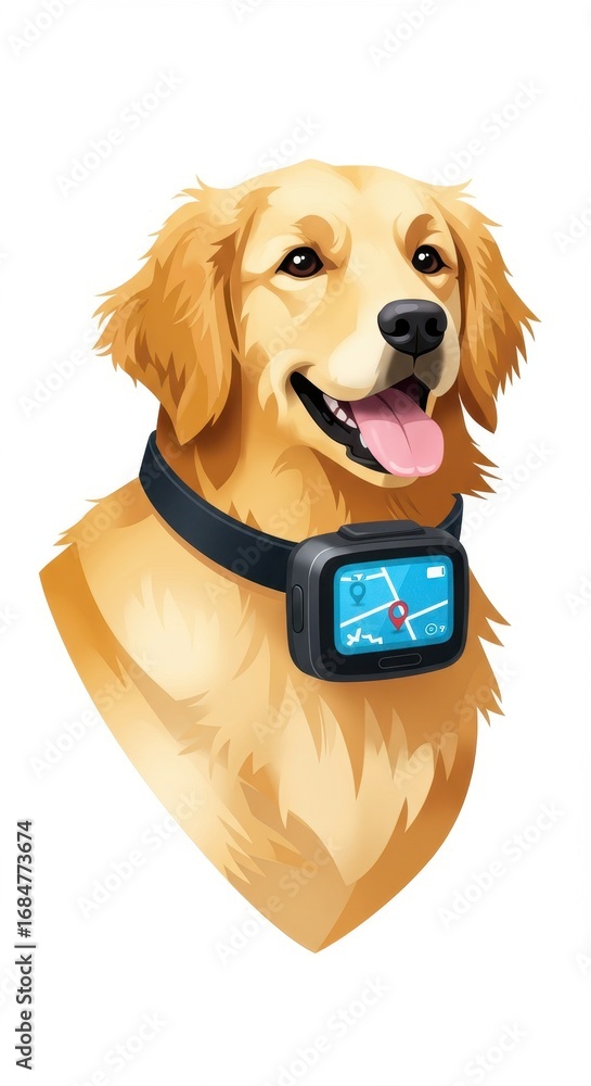 Poster a golden retriever wearing a smart collar with a map application displays friendly enthusiasm.