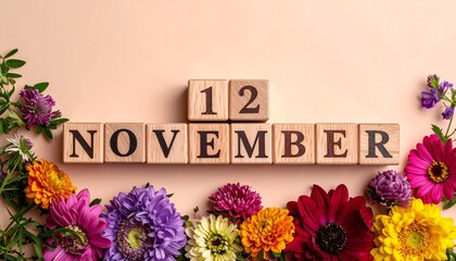 Wooden Blocks with Date 12 November. Floral Calendar – Vibrant Flowers on Solid Colored Background