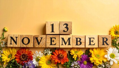 Wooden Blocks with Date 13 November. Floral Calendar – Vibrant Flowers on Solid Colored Background