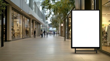 Modern Shopping Mall Interior with Glass Walls, Light Tiles, and Blank digital signage screen