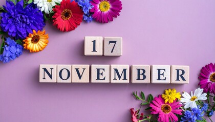 Wooden Blocks with Date 17 November. Floral Calendar – Vibrant Flowers on Solid Colored Background