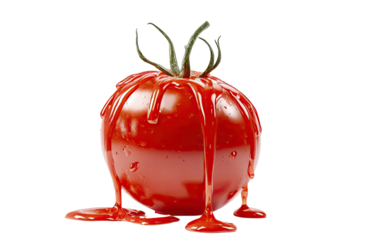 A glossy, vibrant red tomato with dripping ketchup-like substance