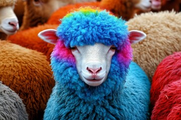 Vibrant Close-Up of Sheep with Colorful Wig Among Herd, Rainbow Herd multicolored in dyed