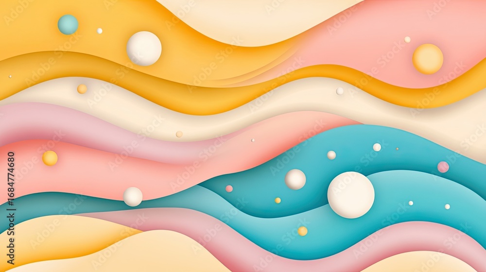 Poster aesthetic sequence flow concept, abstract waves in soft pastel colors with floating circles design