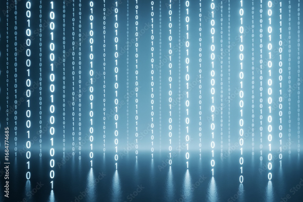 Aufkleber glowing binary code streams with bright light effects on digital tech background in futuristic cyber