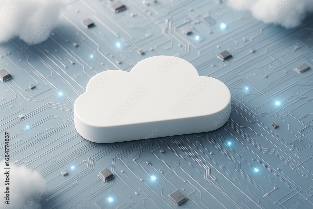 Aufkleber cloud computing symbol on digital circuit board with glowing lights and soft clouds, representing mo