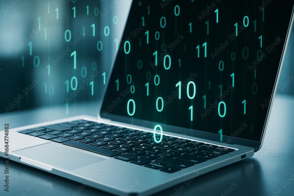 Aufkleber futuristic binary code displayed on open laptop screen with glowing light on abstract tech backgroun