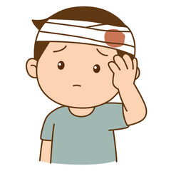 The boy had an accident and suffered a head injury has a bandage on his head, illustration cartoon on white background