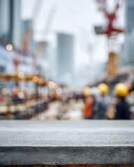 Obraz premium Concrete tabletop in sharp focus with blurred construction site in the background, ideal for copy space.