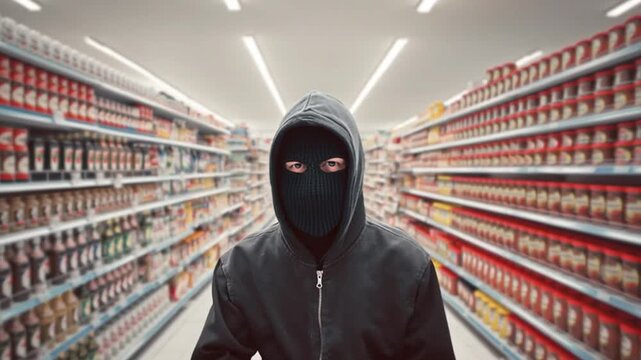 A person in a ski mask in a grocery store aisle symbolizes theft and crime prevention, shoplifting security concept, retail loss protection illustration, masked robber danger alert surveillance awaren