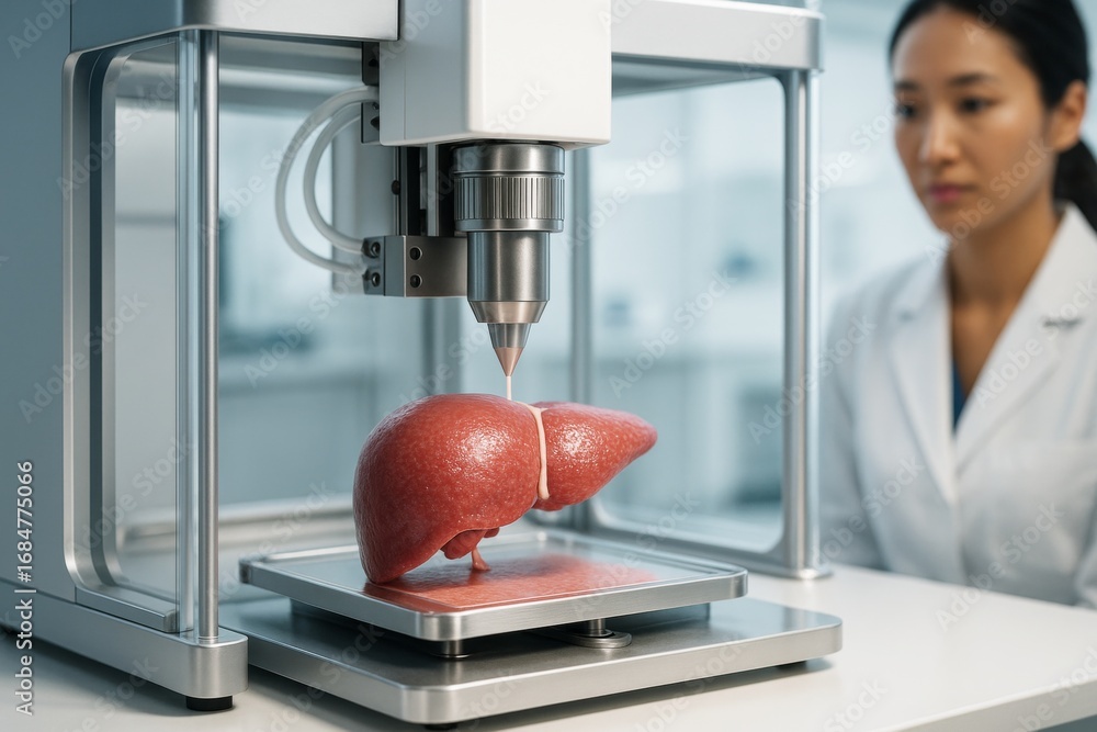 Poster advanced bioprinter creating human liver organ with scientist observing in modern lab environment, s