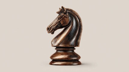 A bronze chess knight, meticulously sculpted with a dark patina, stands against a neutral backdrop, showcasing intricate detailing on its mane and bridle. 
