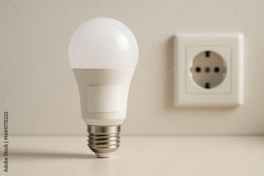 Poster energy-efficient led light bulb standing upright on a neutral surface with a wall power socket in th