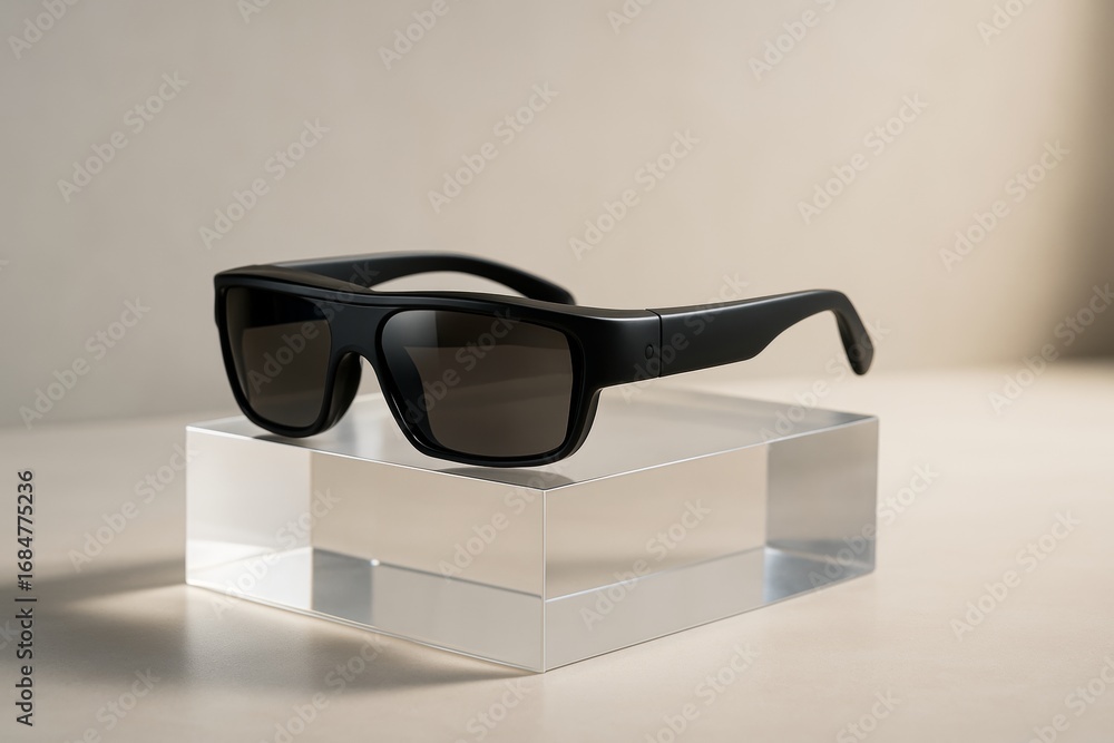 Poster stylish black smart sunglasses displayed on transparent block under soft lighting on beige backgroun