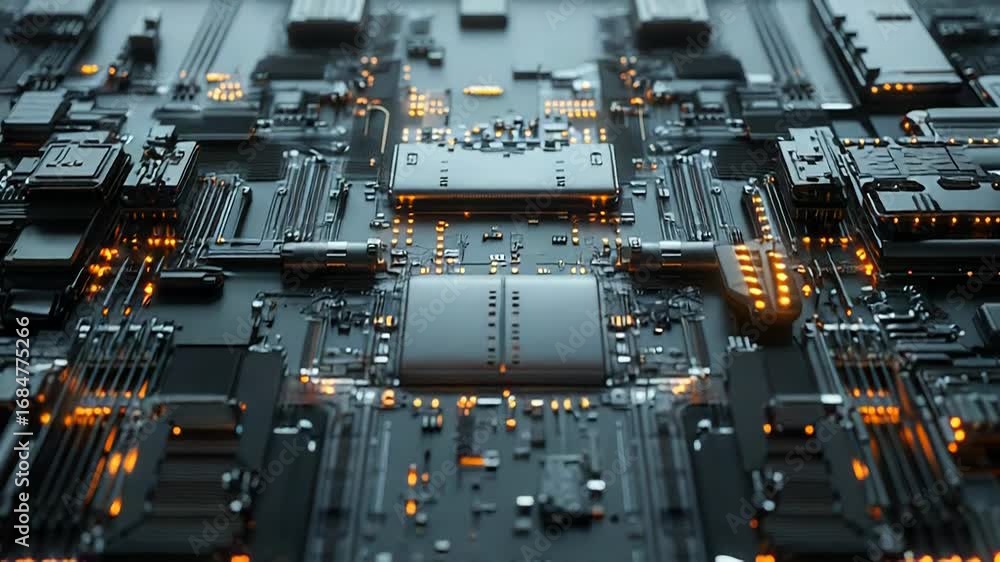 Poster futuristic circuit board pulsating with orange lights
