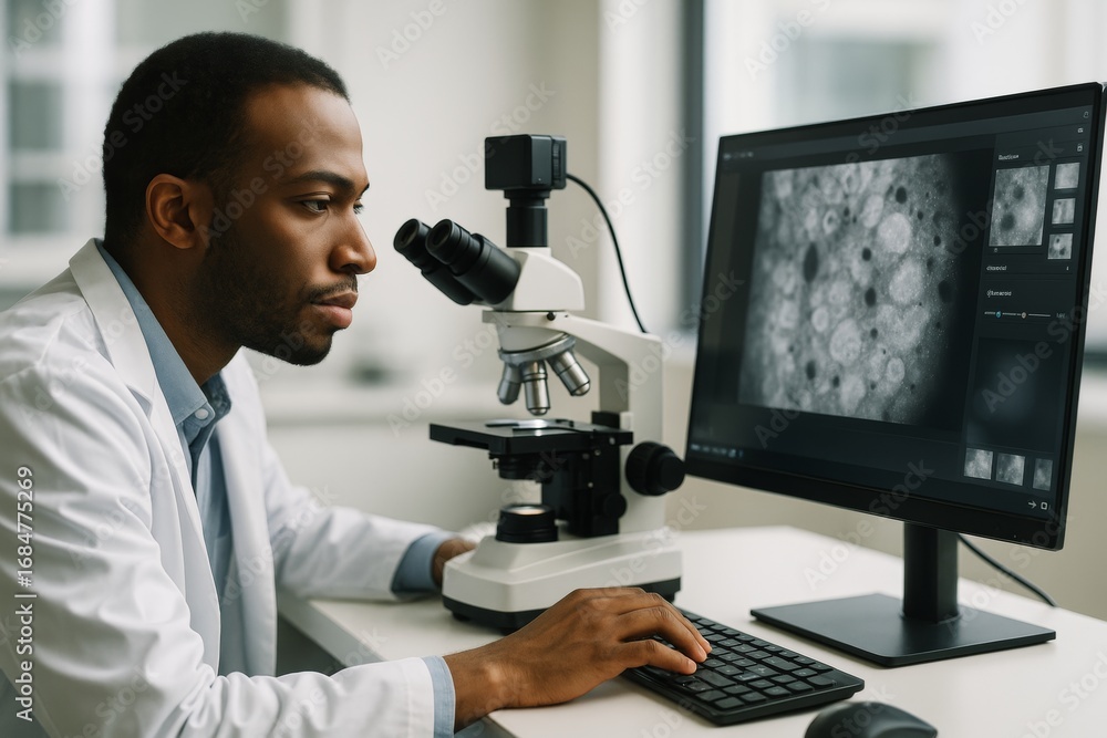 Poster scientist analyzing microscope images on computer in modern laboratory with soft light background du