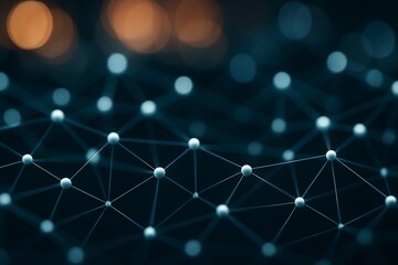Abstract network of connected glowing nodes with depth effect and soft orange bokeh in background on dark tech concept design. Ai generative