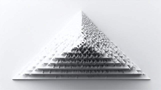 A large white triangular pyramid, composed of numerous smaller, intricately layered, identical triangular shapes, creating a textured, fractal-like 
