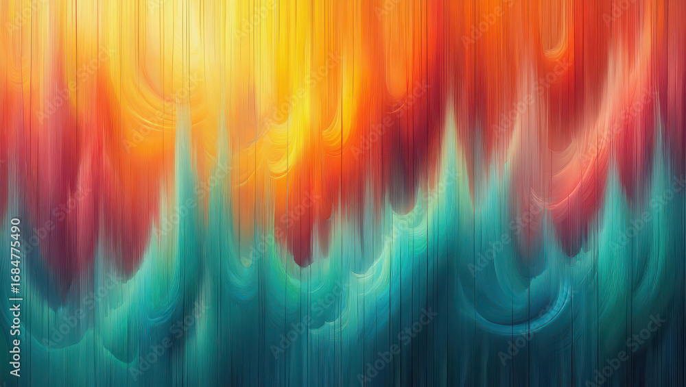 Poster abstract vibrant vertical streaks of color blend from fiery orange and yellow to deep teal and green