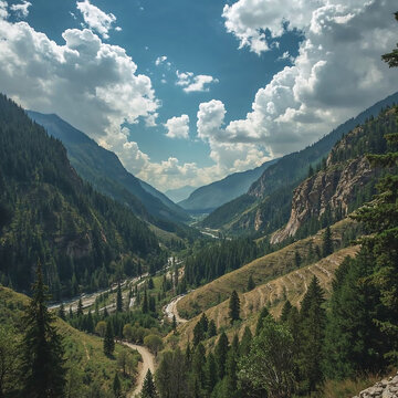 Pangi Valley in Himachal Pradesh is a tranquil, untouched valley with cliffs, pine forests, terraced fields, golden light, dramatic sky, mountains, and a meandering trail evoking wilderness and advent